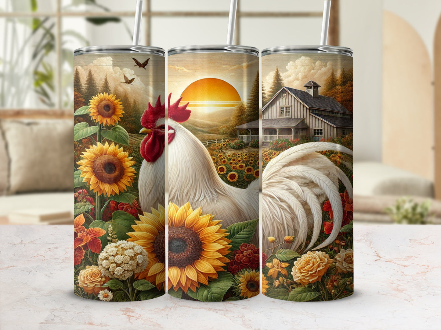 Rustic Farmhouse Rooster and Sunflowers Tumbler