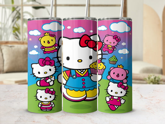 Hello Kitty with cupcakes and bears on a pink gradient background.