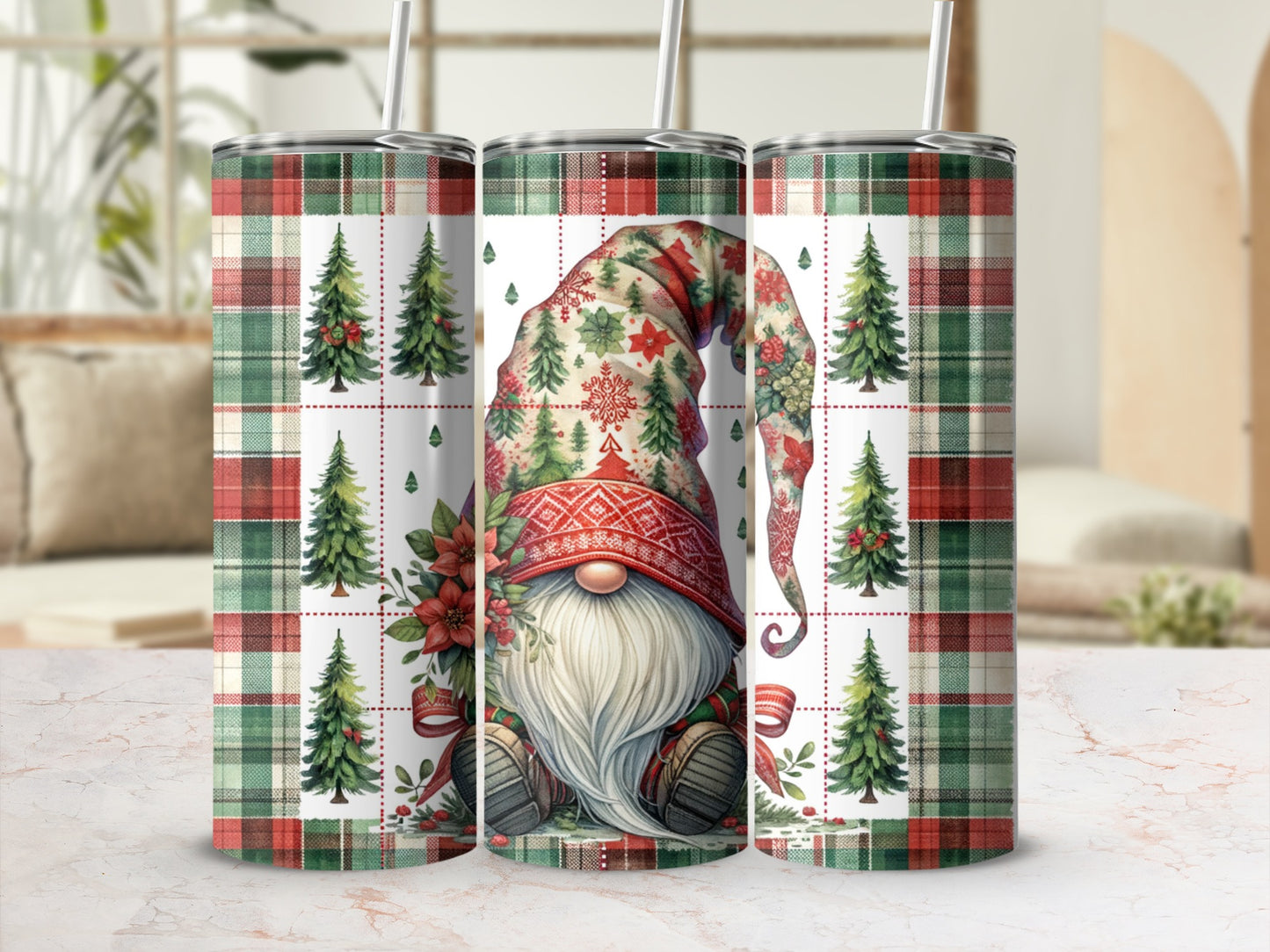 Gnome with Christmas trees and plaid pattern on three tumblers.