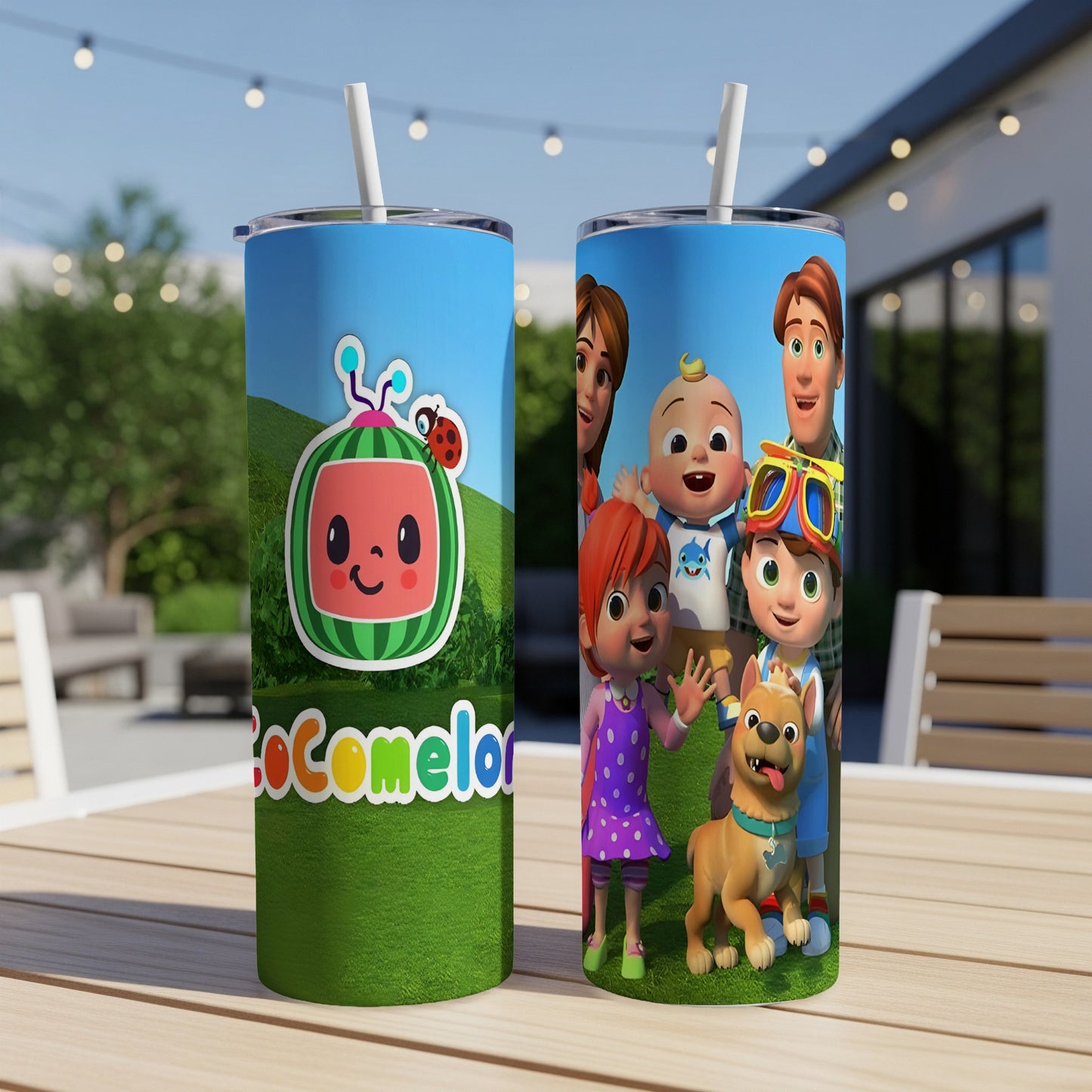 Cocomelon characters and logo on two insulated tumblers with straws.