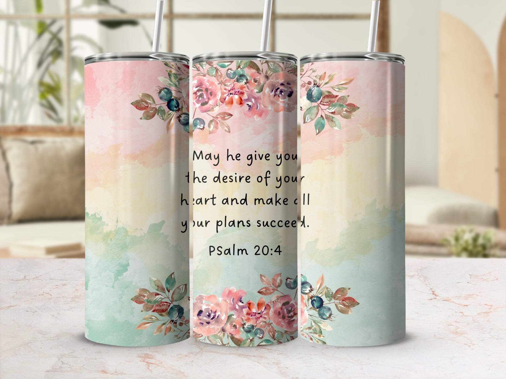 Inspiring Psalm 20:4 Floral Quote Tumbler Cup