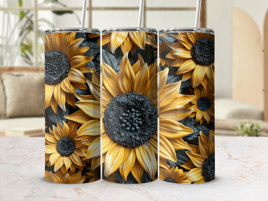 Three tumblers with a close-up sunflower floral pattern on a blurred background.
