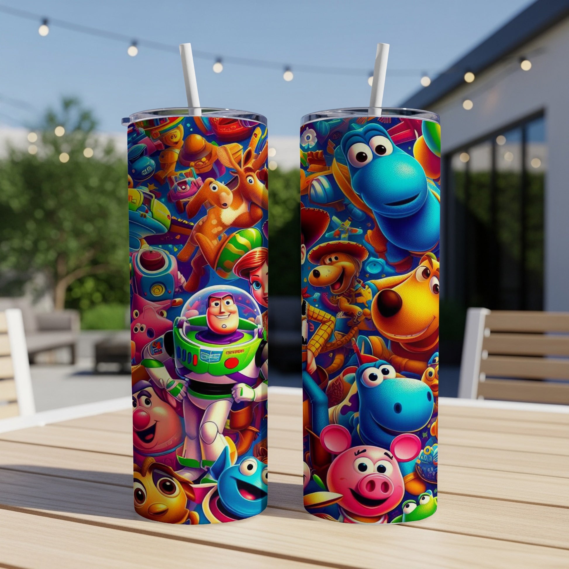 Toy Story characters wrap around two tumblers on a table outdoors.