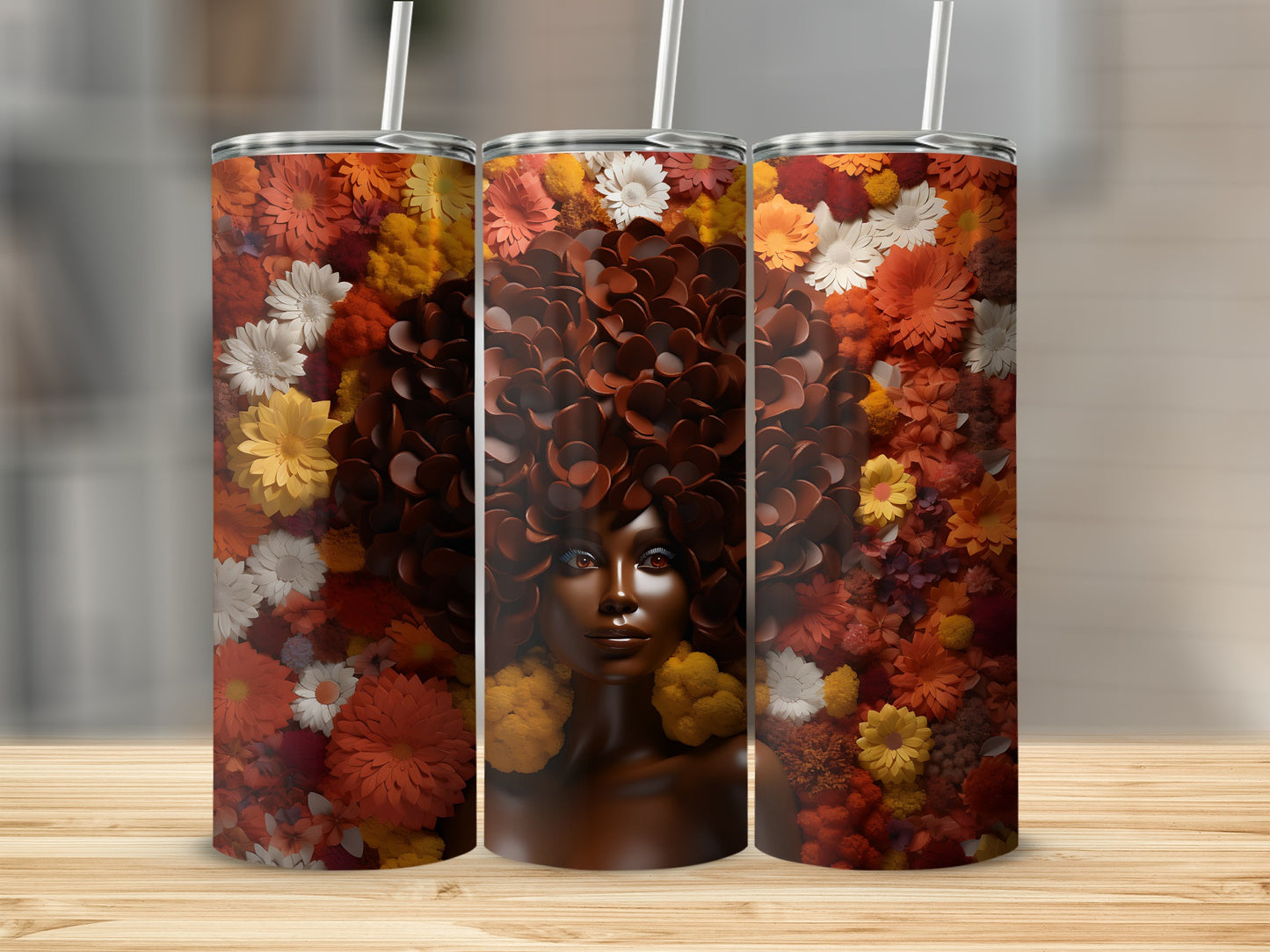 Triptych of a woman with floral hair on a tumbler.