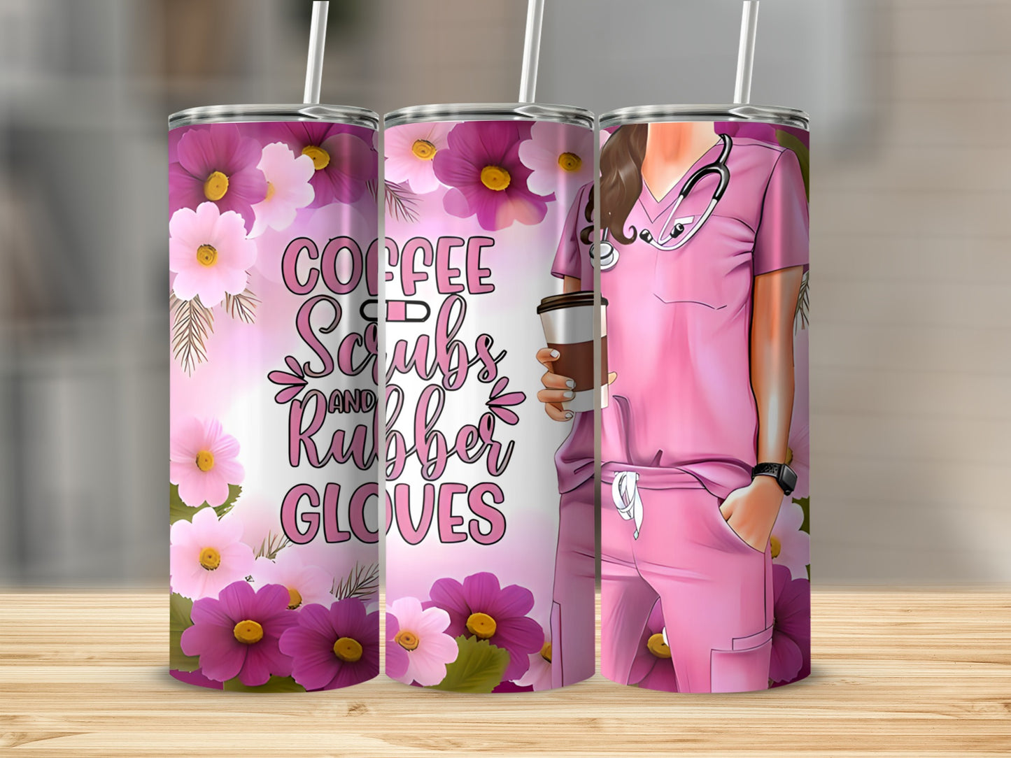 Pink tumbler with coffee, scrubs, and rubber gloves design.