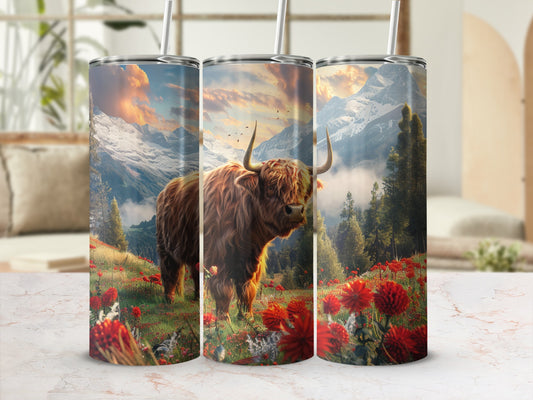 Highland cow in a field of red flowers with mountains in the background.