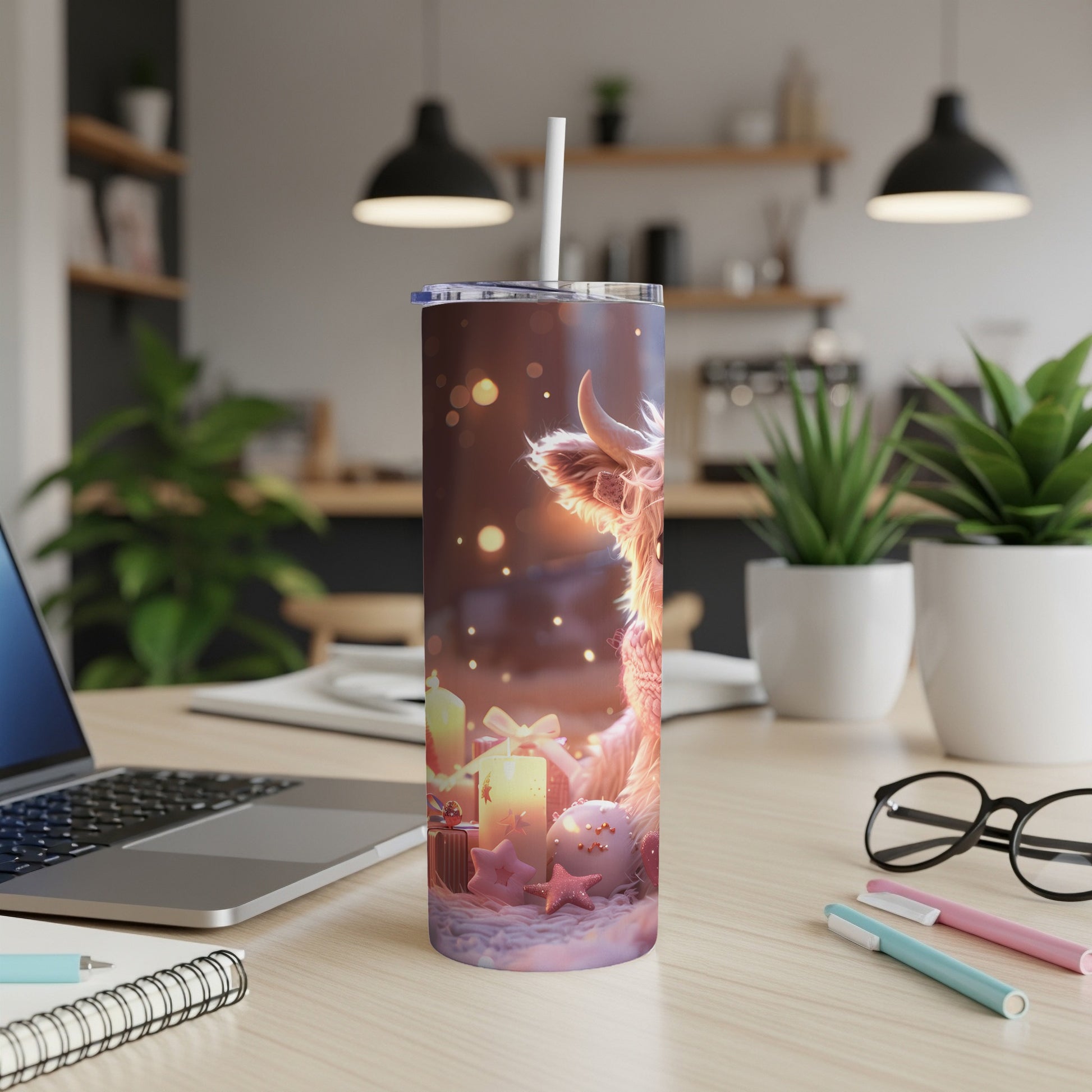 Highland cow on a festive tumbler with candles and ornaments.