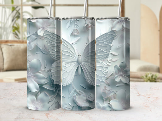 Three tall tumblers with a raised white butterfly and floral design.