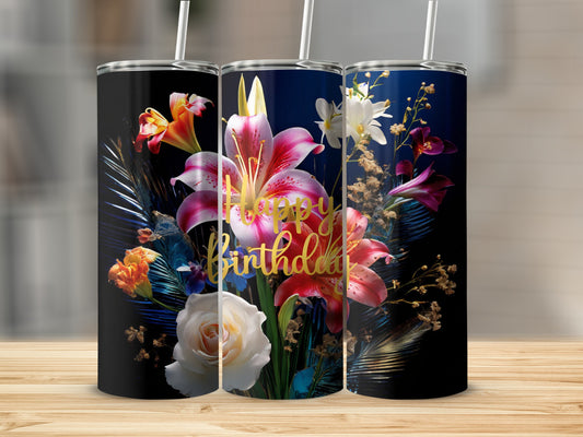 Floral tumbler with "Happy Birthday" text and straw.