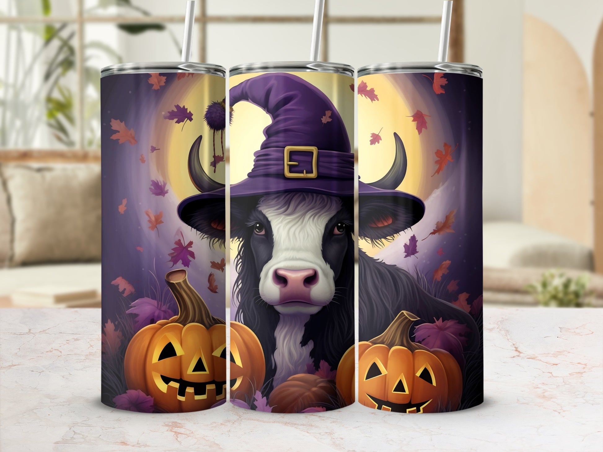 Cute Halloween Cow and Pumpkin Tumbler Cup Design