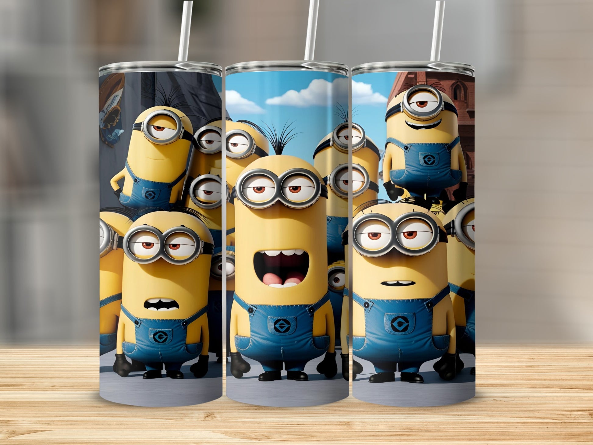 Minions in blue overalls with goggles, some laughing, on a tumbler.