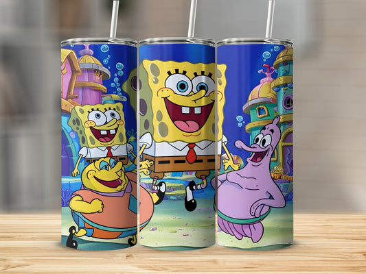SpongeBob SquarePants, Patrick Star, and Squidward Tentacles characters on a blue tumbler.