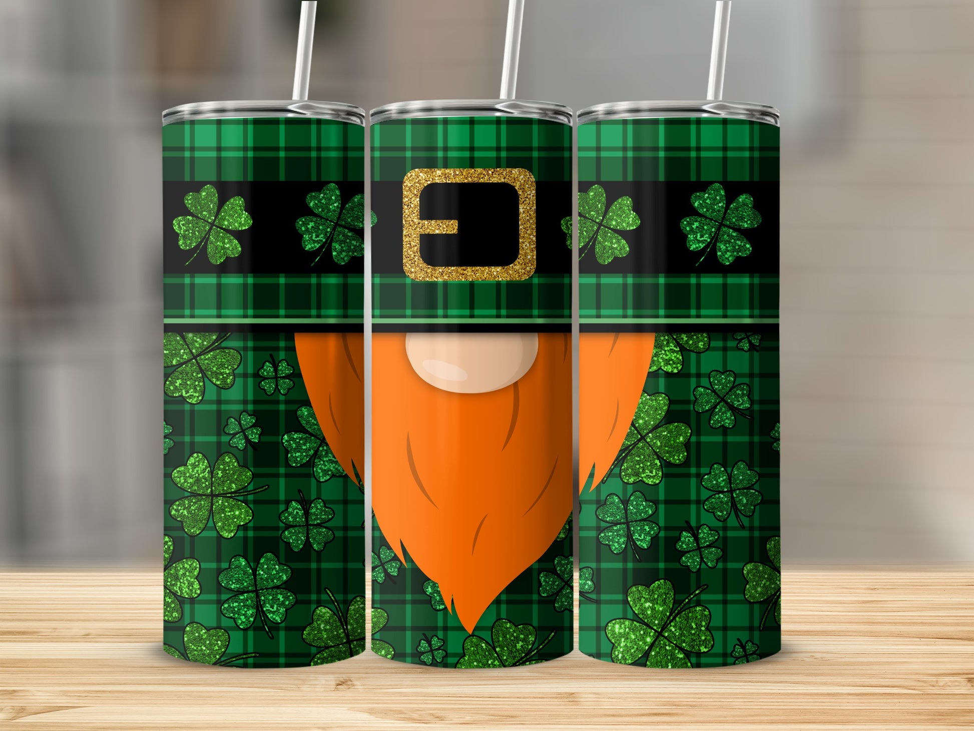 Green plaid tumbler with leprechaun hat, beard, and shamrocks.