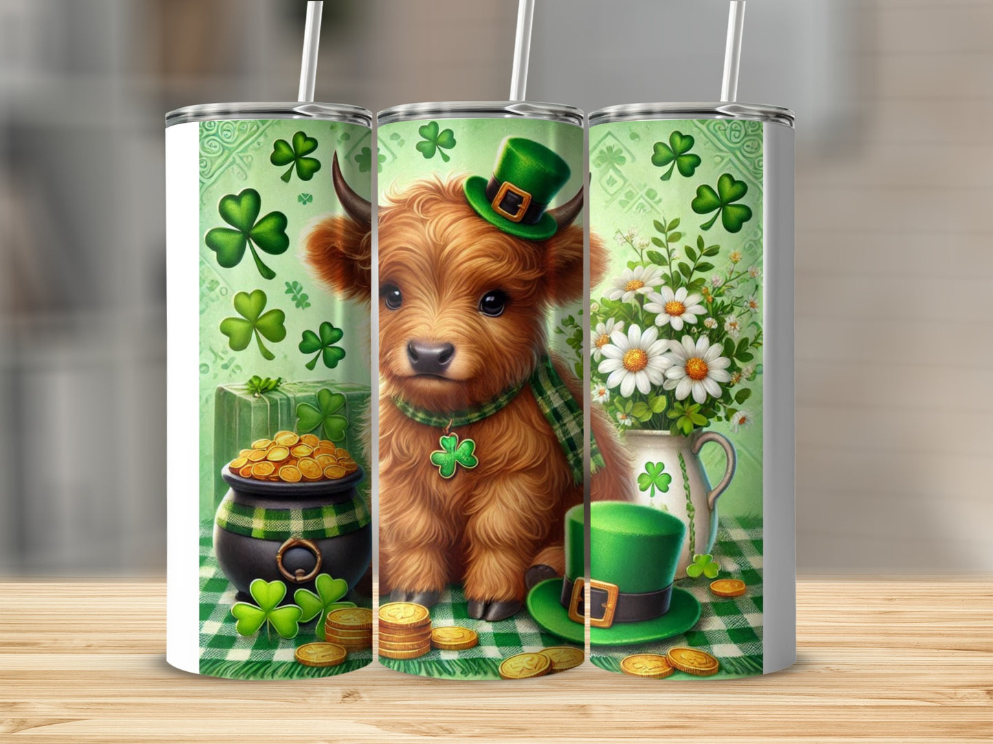 Highland cow in St. Patrick's Day hat and scarf with shamrocks and pot of gold.