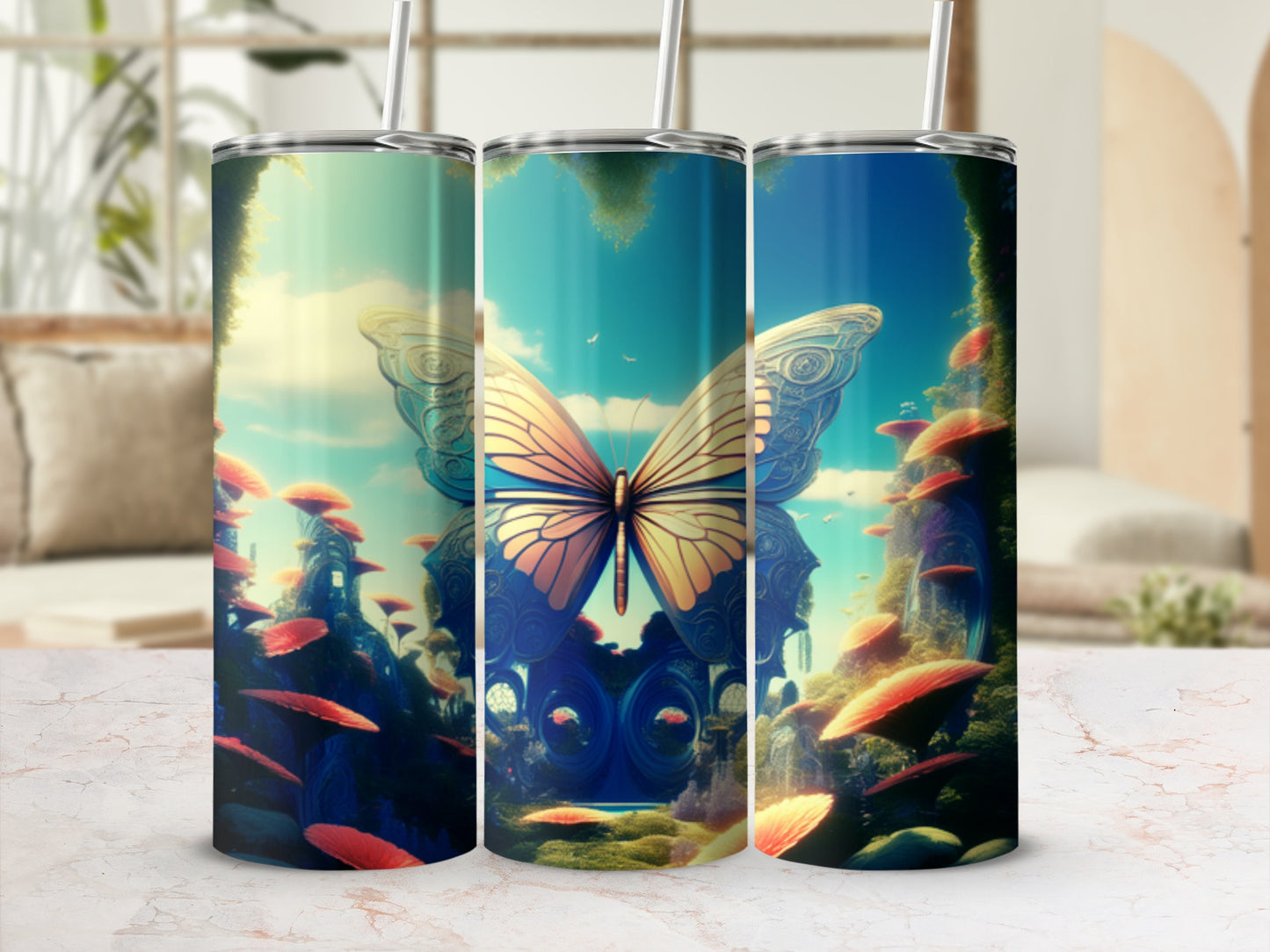 Three tumblers with a fantasy butterfly and mushroom forest scene.
