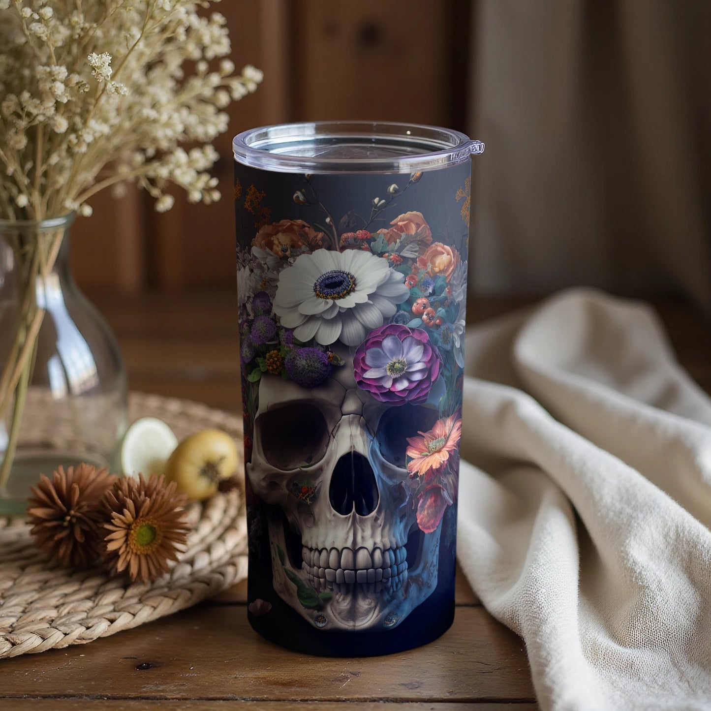 Dark Floral Skull Design Insulated Drinkware Tumbler