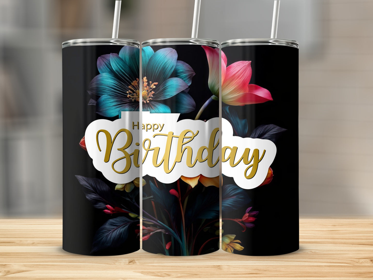 Black tumbler with a "Happy Birthday" message and floral design.