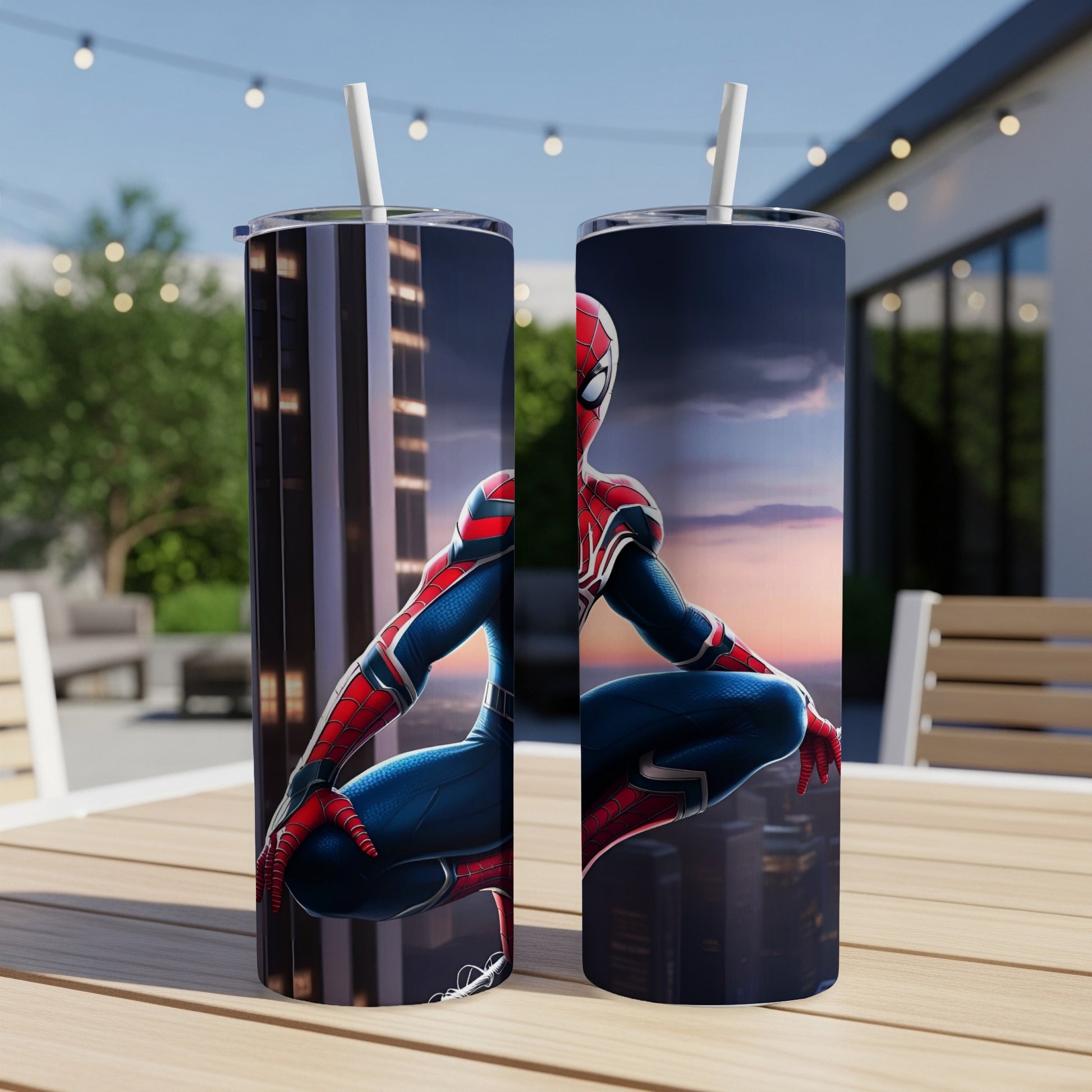 Spider-Man crouches on a skyscraper ledge overlooking a city at dusk.