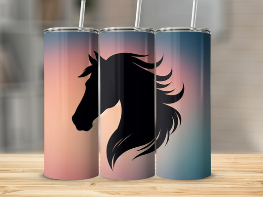 Three tumblers with black horse silhouettes against a sunset gradient background.