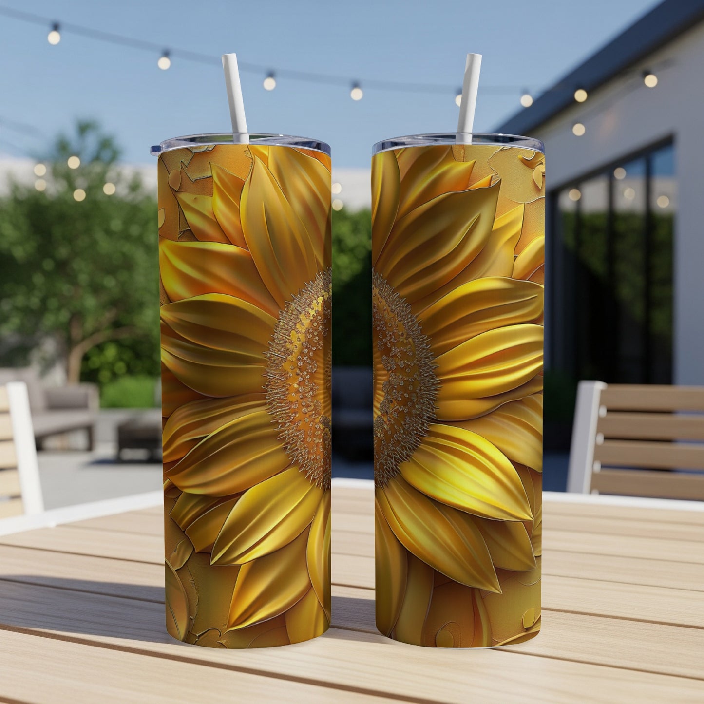 Two tall tumblers with a golden sunflower design sit on a wooden table.