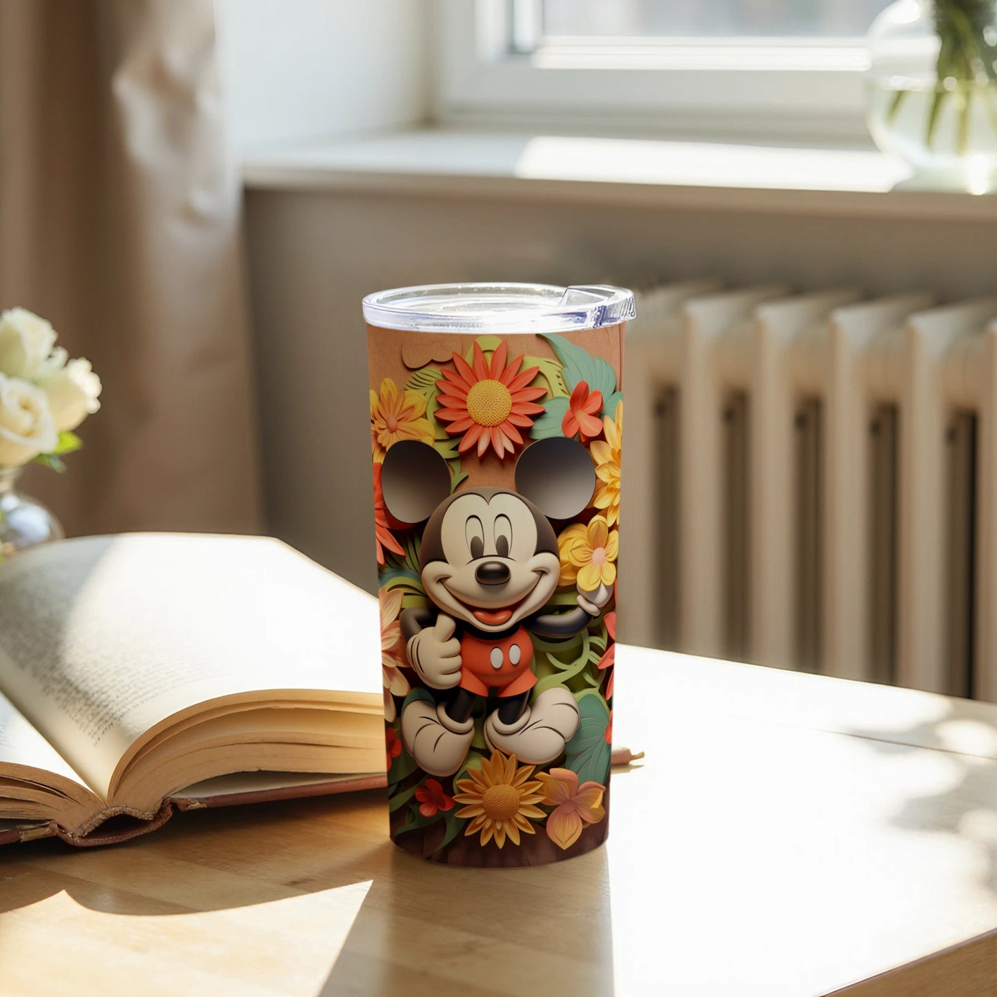 Cute Mickey Mouse Tumbler with Colorful Floral Design