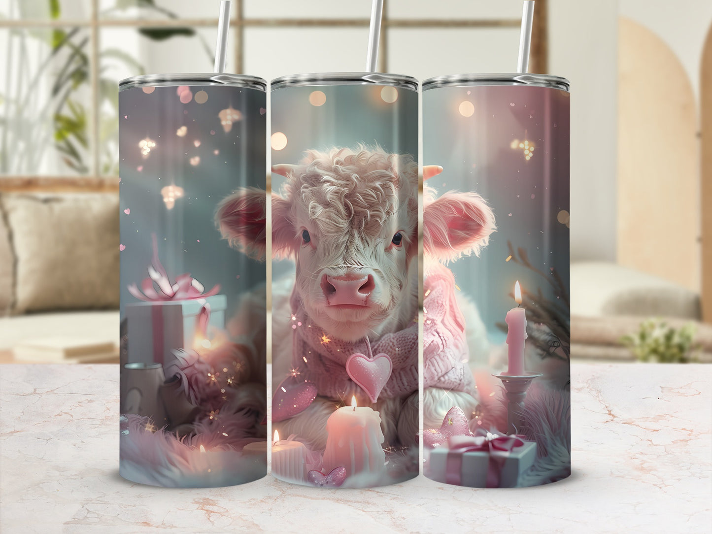 Cute calf wearing a pink scarf and heart, surrounded by candles and gifts.