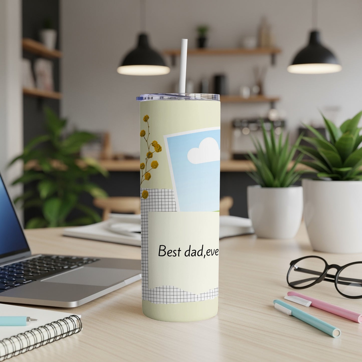 Tall tumbler with a collage design, featuring photos and "Best dad, eve" text.