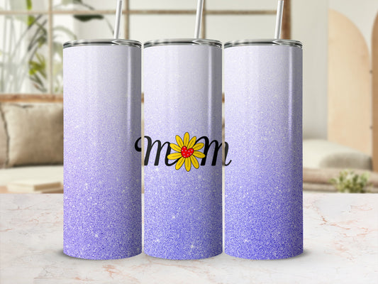 Purple glitter tumbler with "Mom" and floral design.