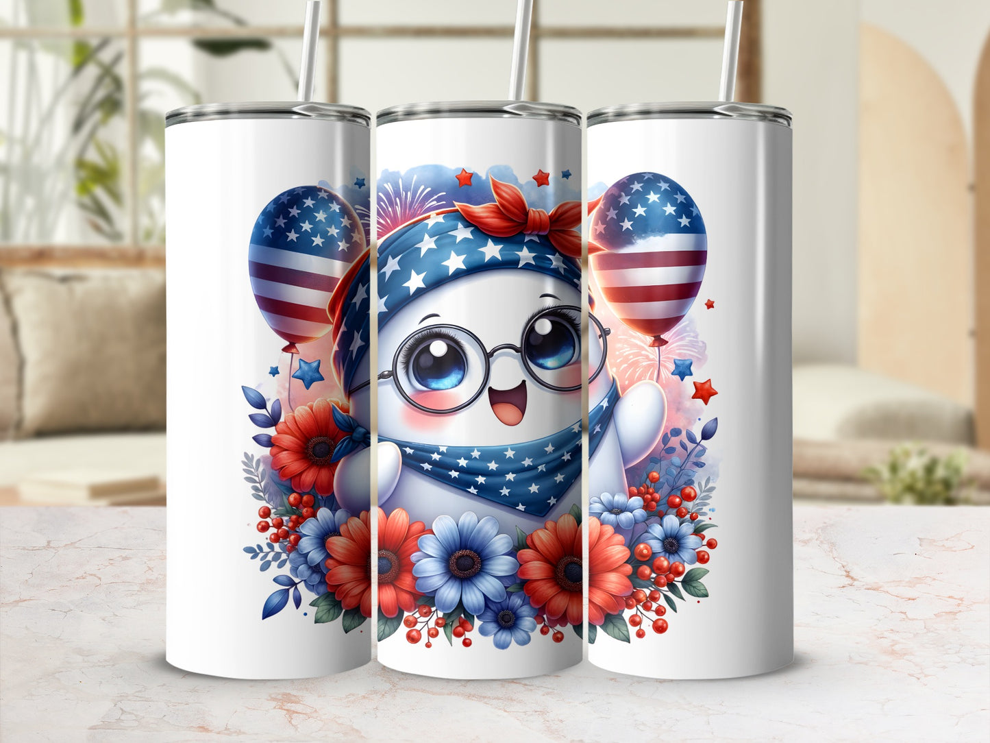 Cute ghost character with patriotic decorations and floral accents.