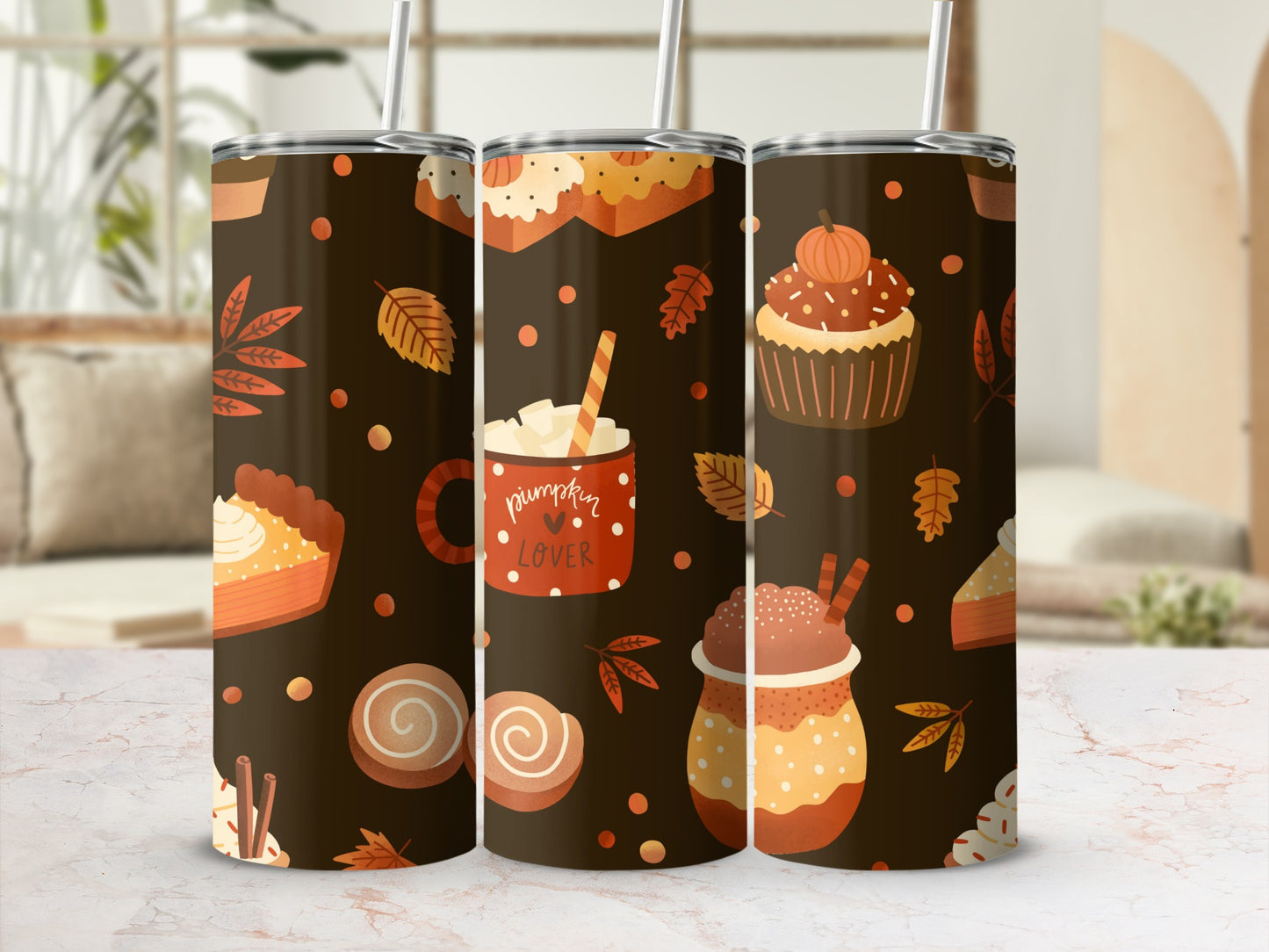 Tumbler with pumpkins, pies, leaves, and "pumpkin lover" text.