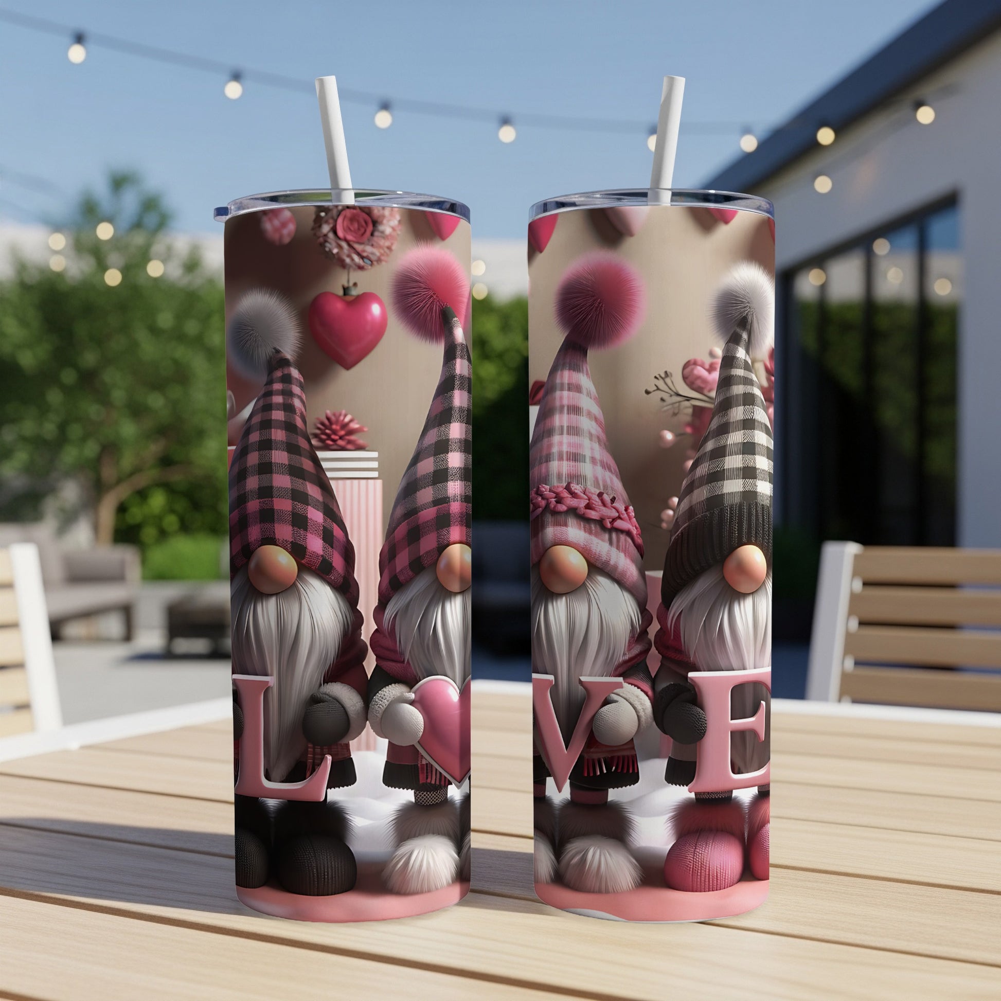 Gnomes with pink hats and hearts spell "LOVE" on two tumblers.