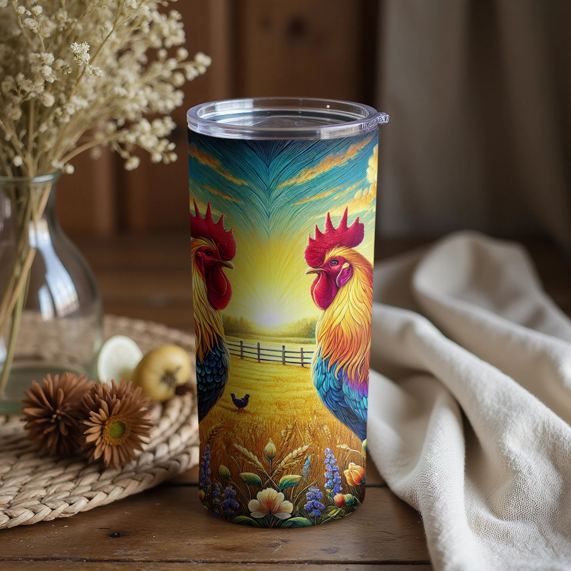 Vibrant Sunrise Rooster Scene Double Wall Tumbler