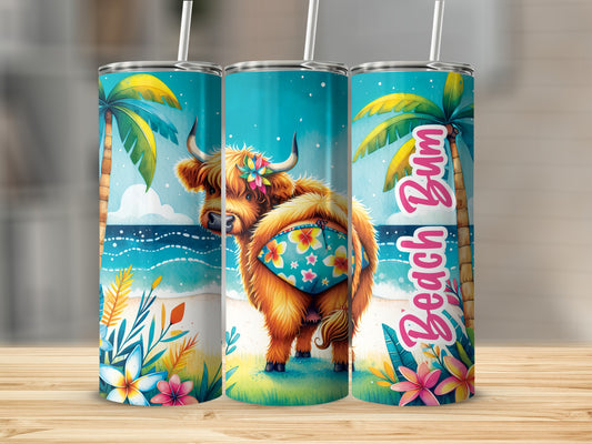 Highland cow in floral bikini on beach with "Beach Bum" text.