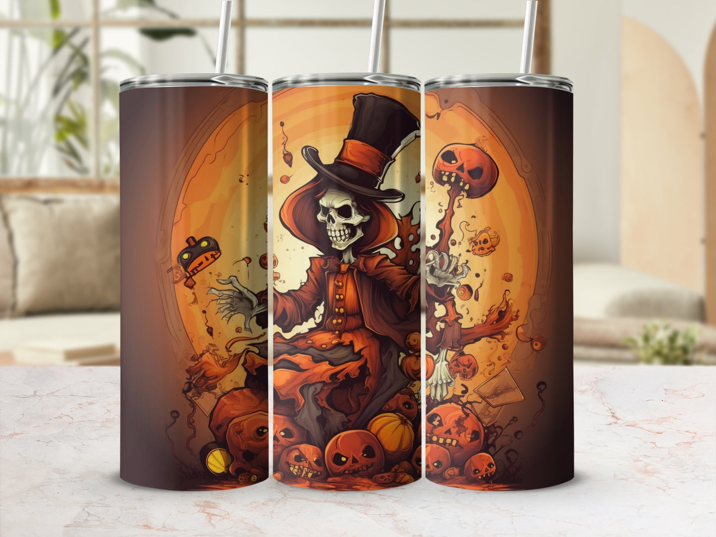 Three tumblers with a spooky skeleton ringmaster and Halloween pumpkins design.