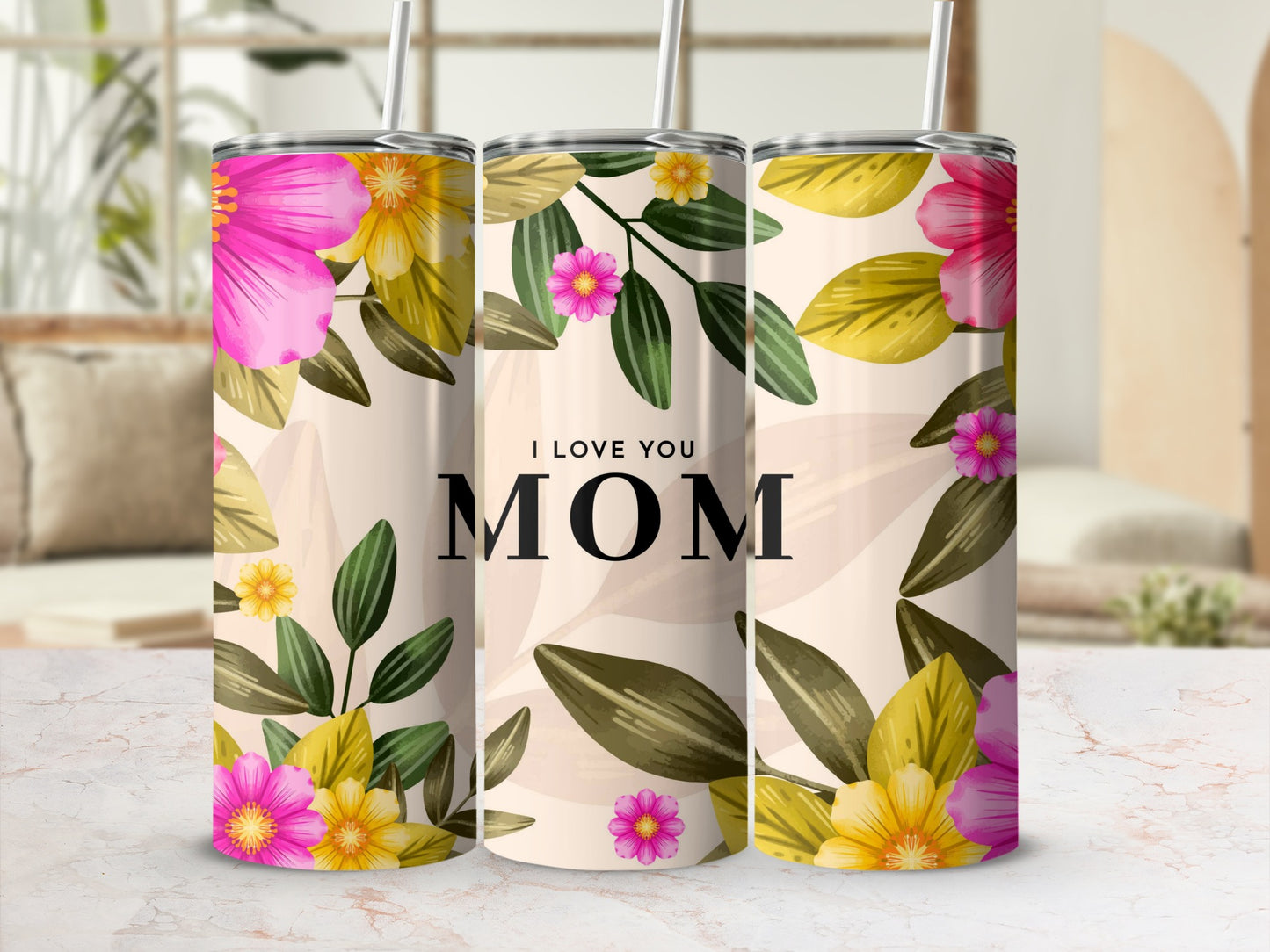 I Love You Mom Floral Tumbler with Straw Mother's Day Gift