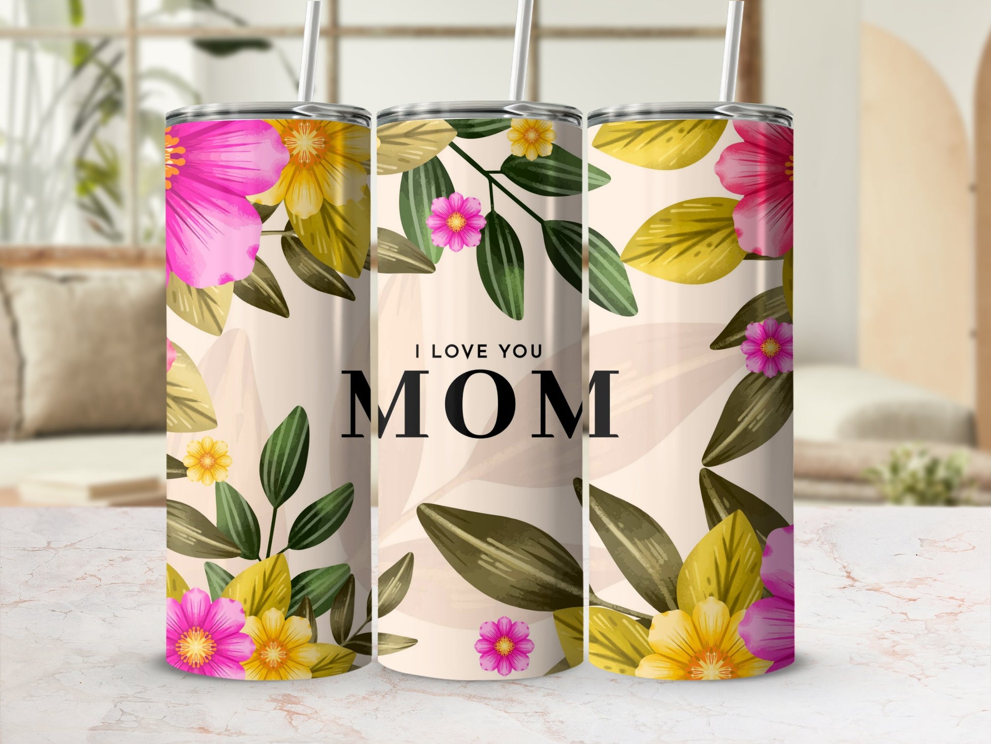 I Love You Mom Floral Tumbler with Straw Mother's Day Gift