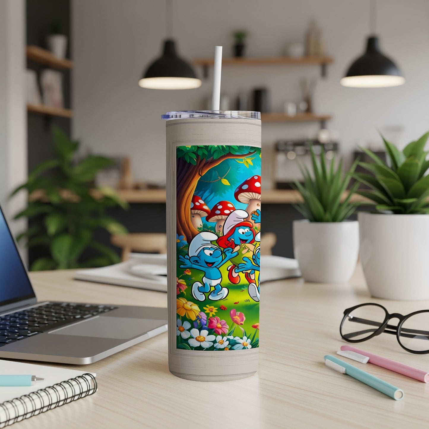 Smurfs characters with mushrooms and flowers on a travel tumbler.
