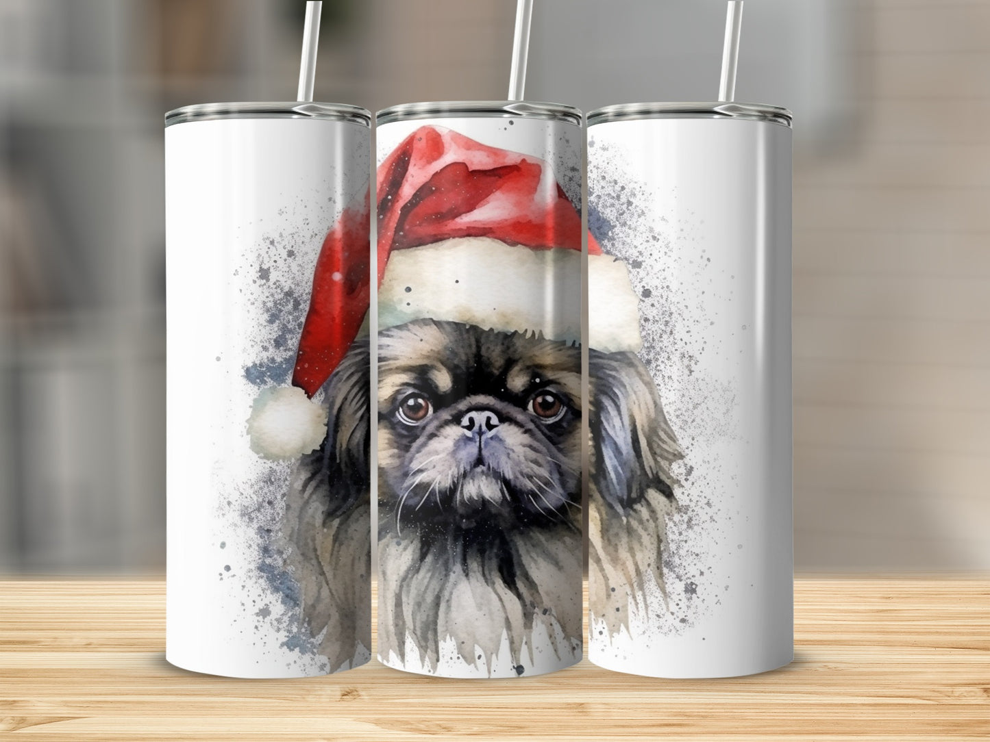 Three tumblers feature a watercolor painting of a Pekingese dog wearing a Santa hat.