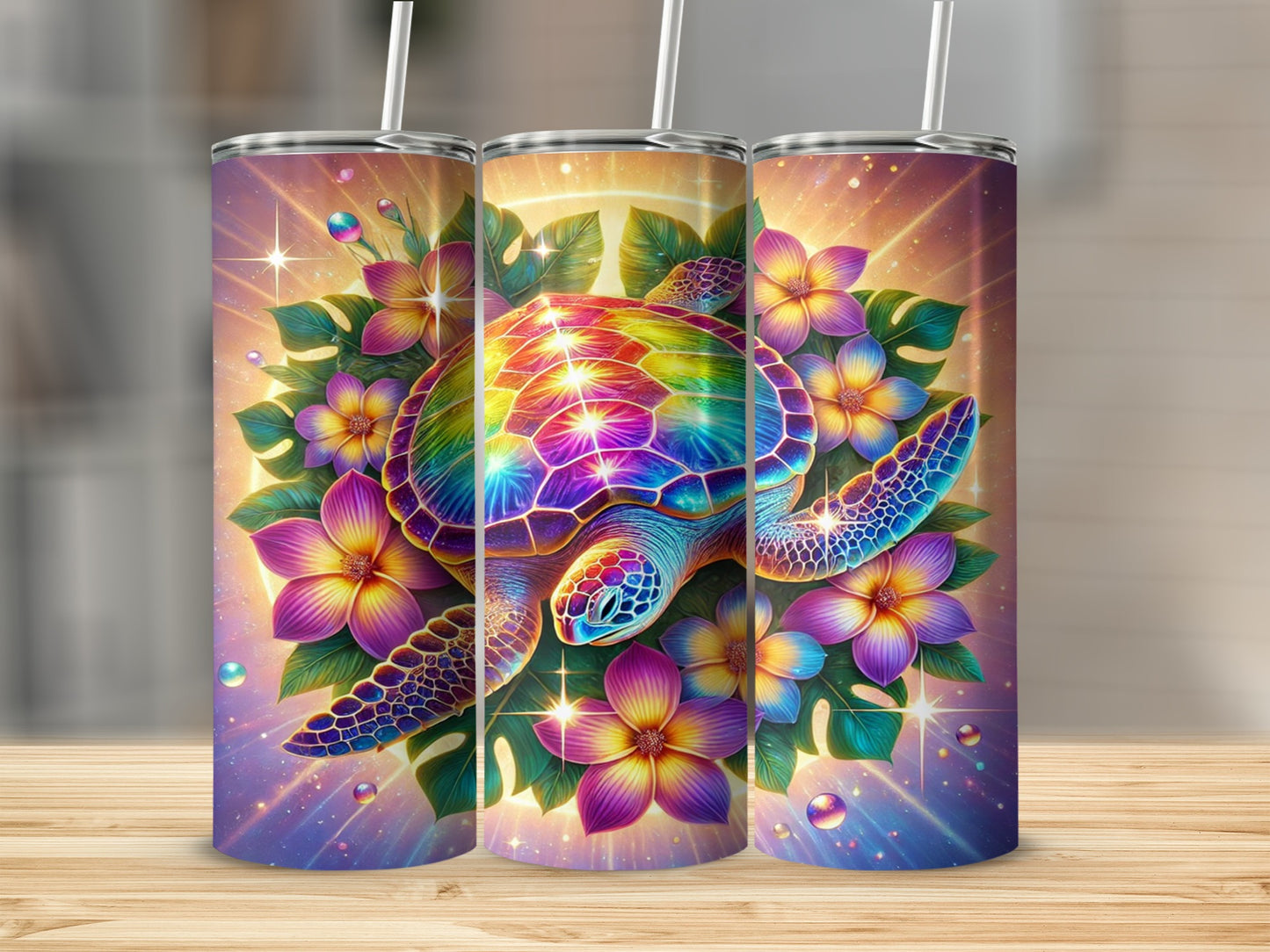 Colorful Turtle and Flowers Design Tumbler Cup