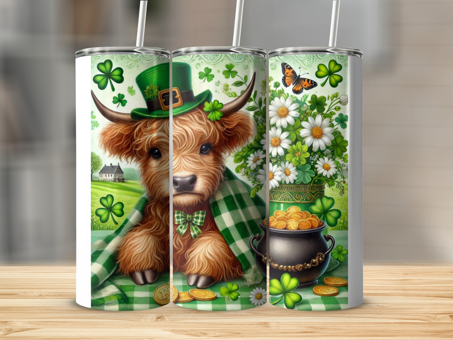 Highland cow in green hat with shamrocks, pot of gold, and flowers.