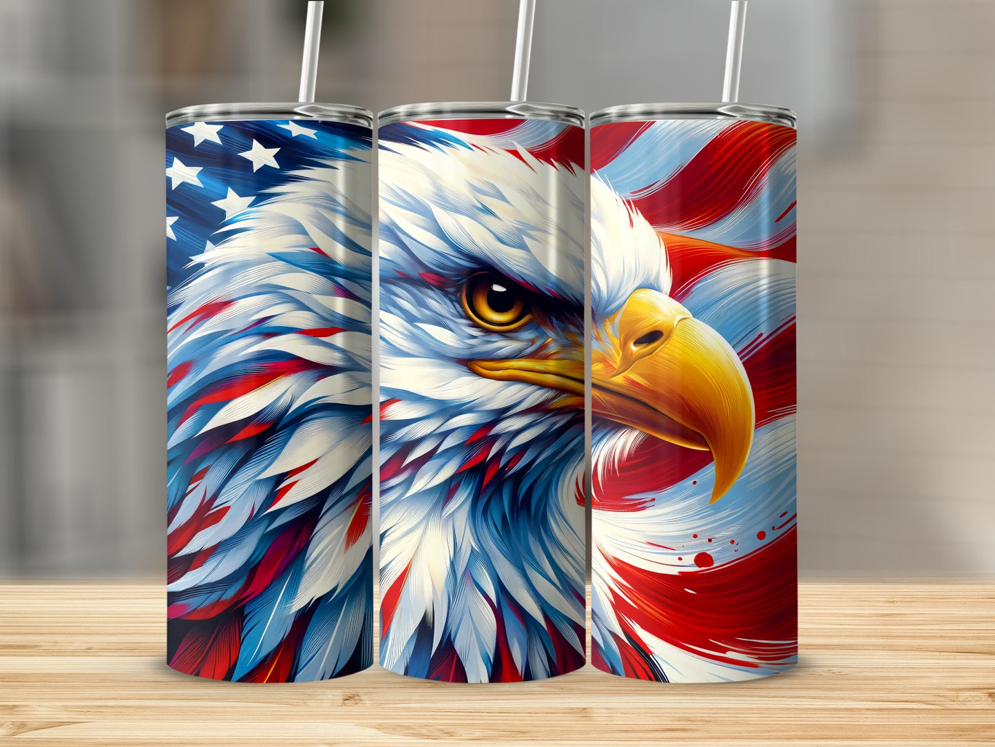 Eagle head with American flag background on three tumblers.