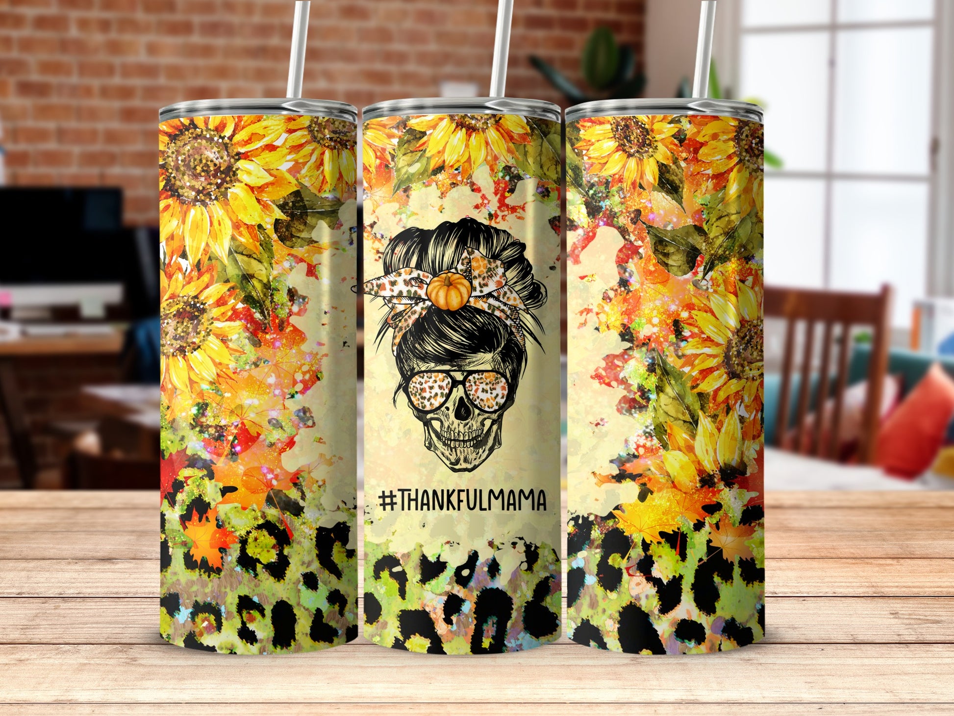 Sunflower and leopard print tumbler with messy bun skull graphic and #thankfulmama text.