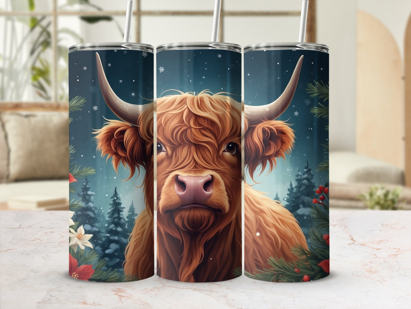 Highland cow in snowy forest with poinsettias on a tumbler.
