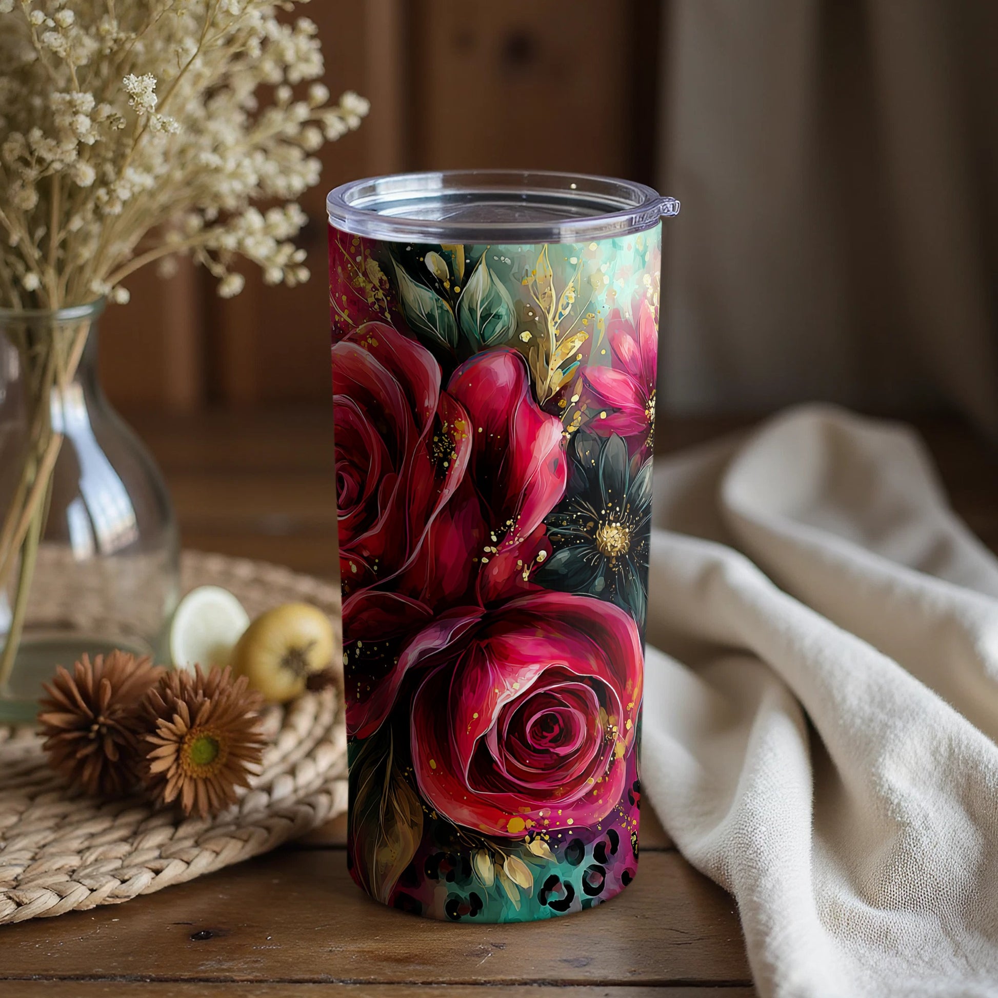 Vibrant Floral Art Tumbler With Bold Red Rose Design