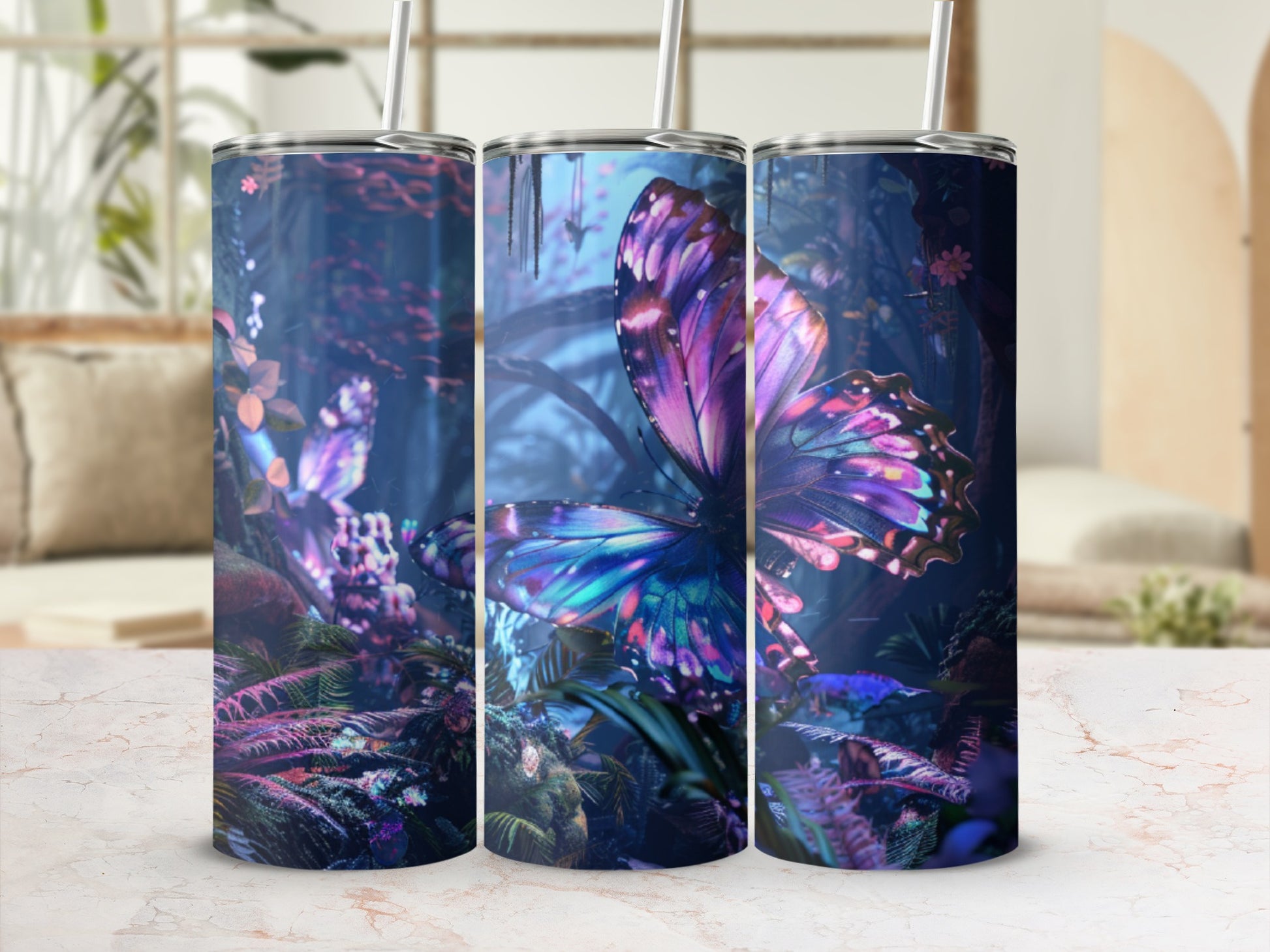 Tall tumbler with a vibrant purple butterfly against a dark, leafy background.