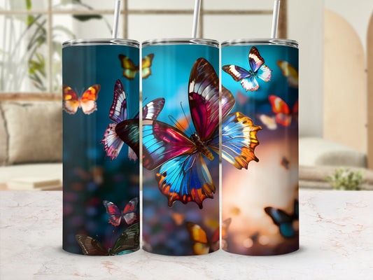 Three tumblers featuring colorful, realistic butterflies in flight.