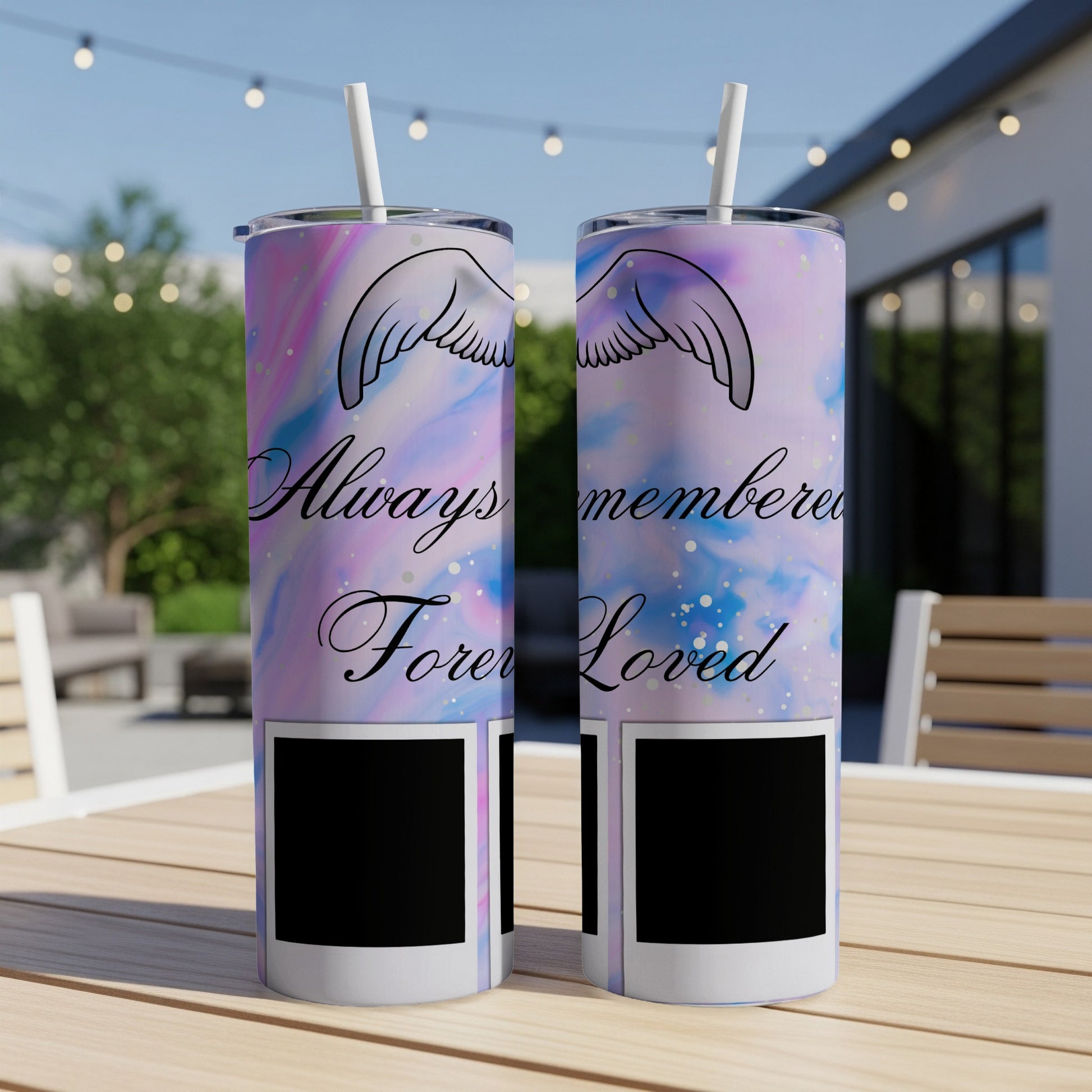 Two tumblers with pastel swirls, angel wings, and text "Always remembered, Forever loved."