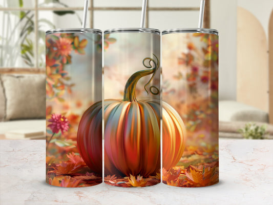 Autumn pumpkin and leaves design on three tumblers.