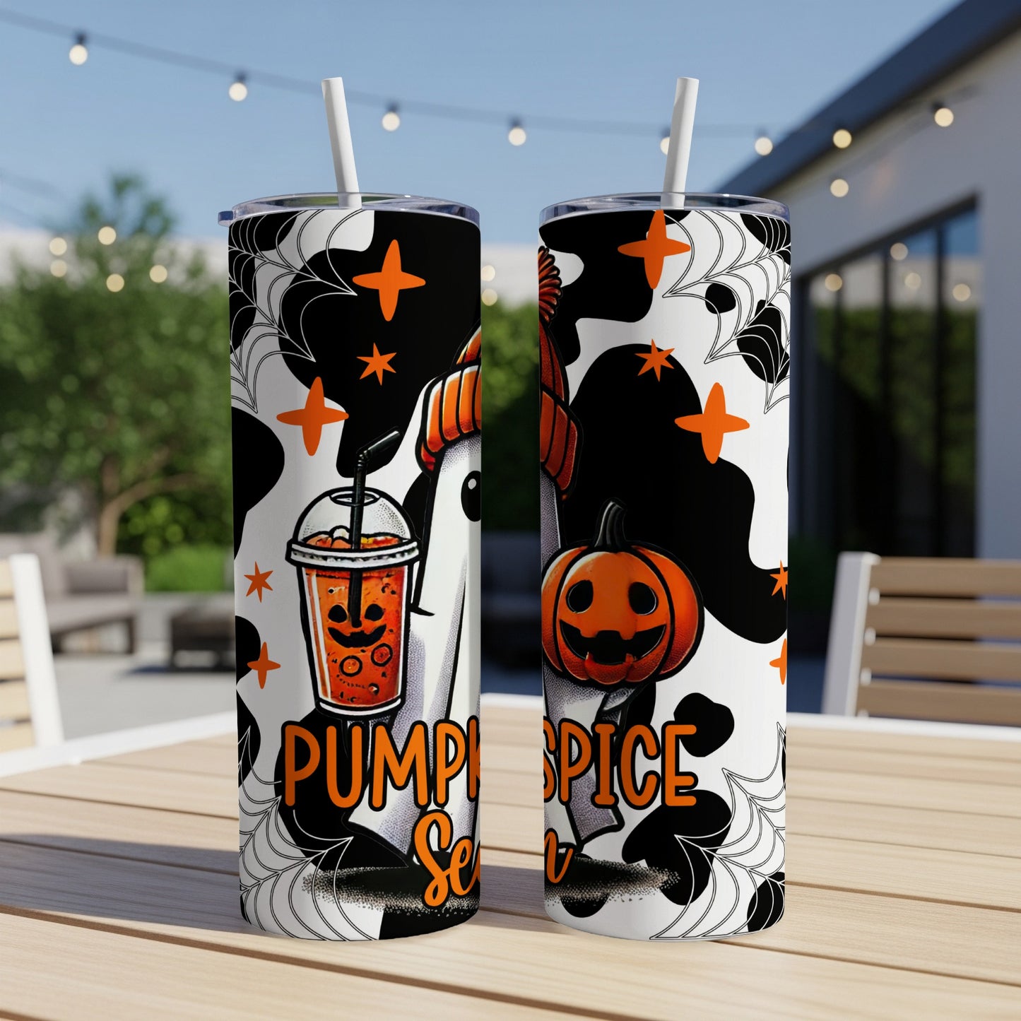 Two tumblers with Halloween designs, including pumpkins, ghosts, and "Pumpkin Spice" text.