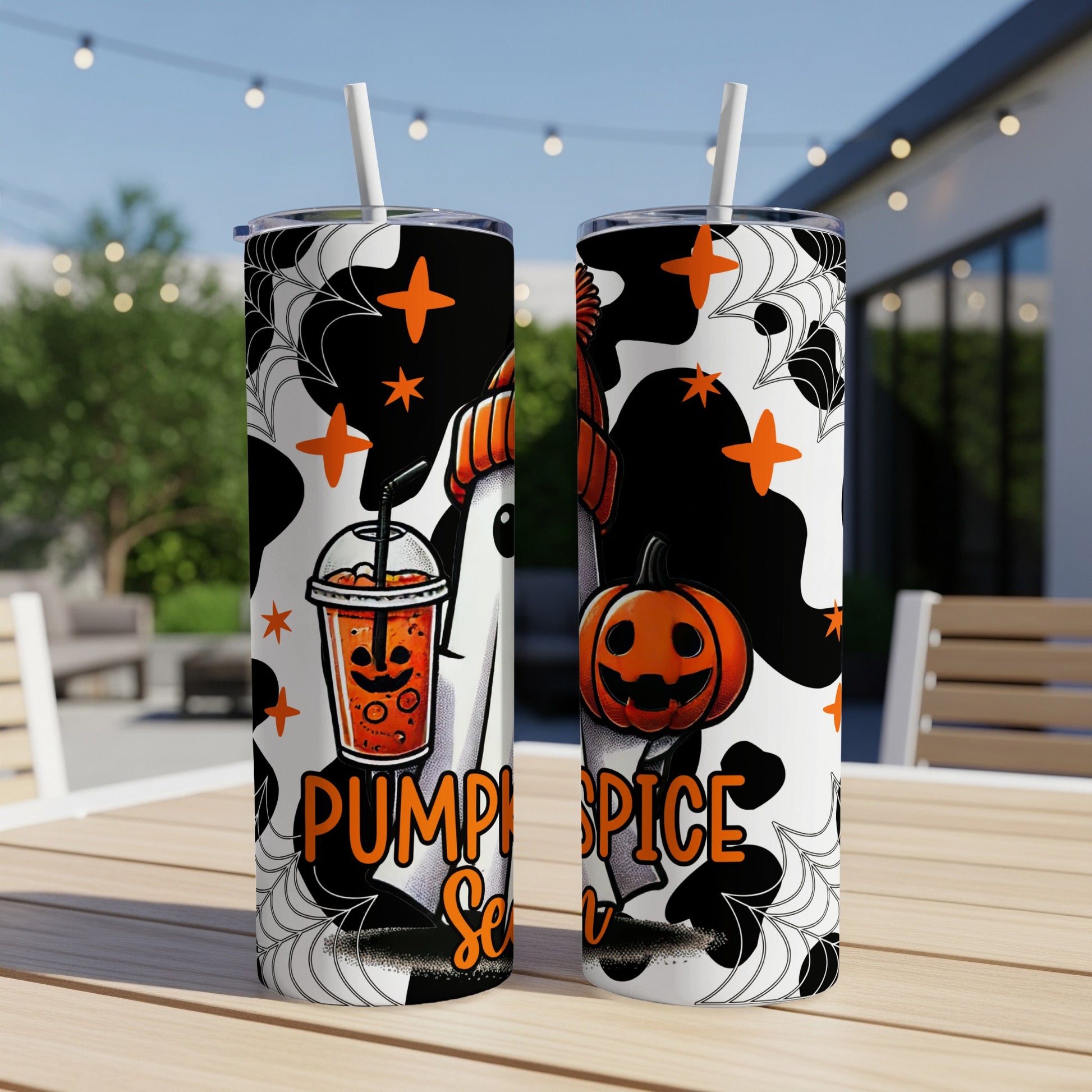 Two tumblers with Halloween designs, including pumpkins, ghosts, and "Pumpkin Spice" text.